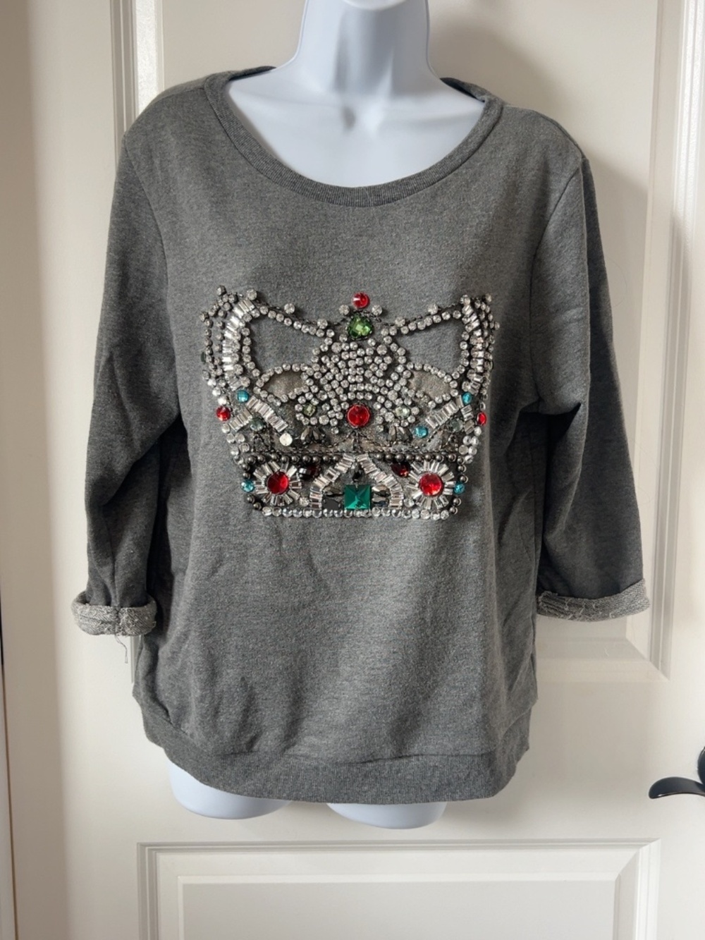 H&M Gray Rhinestone Jeweled Crown Sweatshirt Size Small